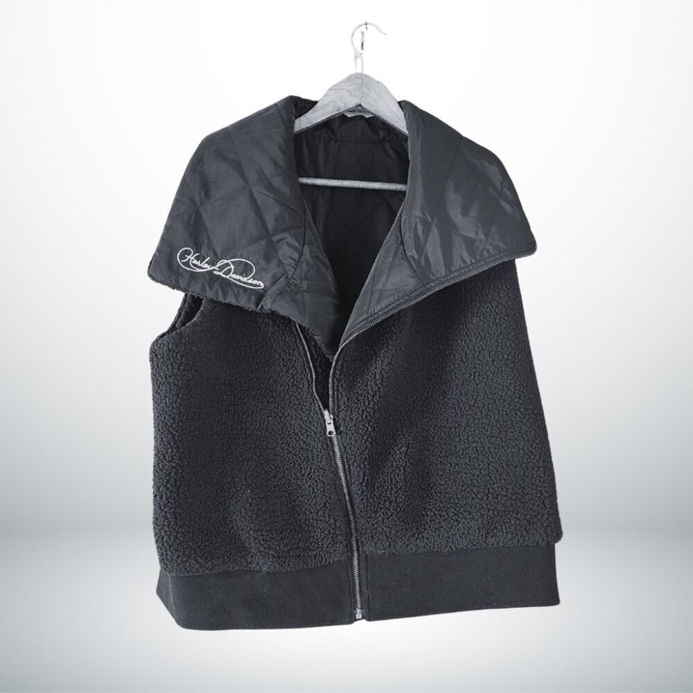 Harley Davidson Womens XL Embroidered Black Fleece Quilted Reversible Vest